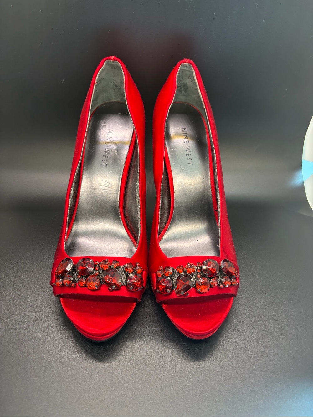 Nine West Red Satin Rhinestone Peep Toe Heels Womens 7.5 Dorothy Halloween Y2K